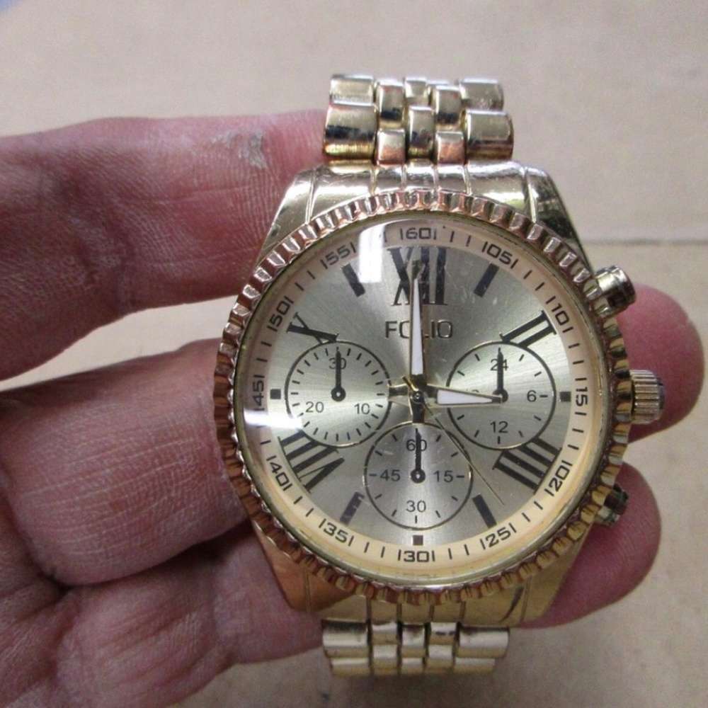 Men’s Folio Faux Chronograph Quartz Watch Gold Tone Watch